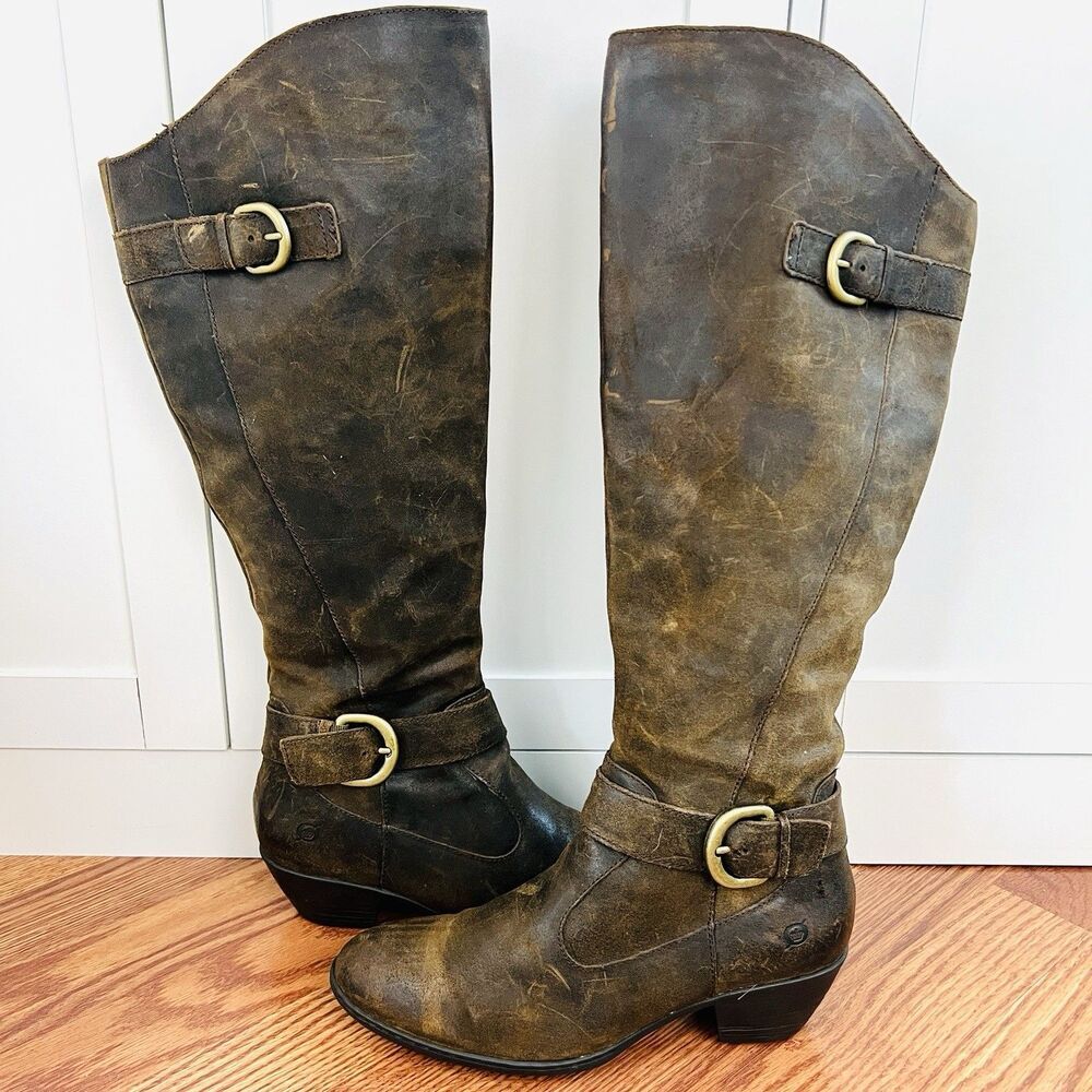Gorgeous BORN Kylli Worn Distressed Brown Leather Tall Riding Boots Size 10 EU42